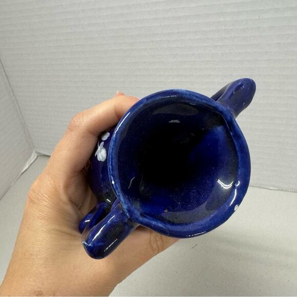 Vintage Blue Hand Painted Floral Vase Small With Handles Unmarked - Picture 5 of 6